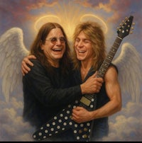 a painting of two men holding guitars in the air